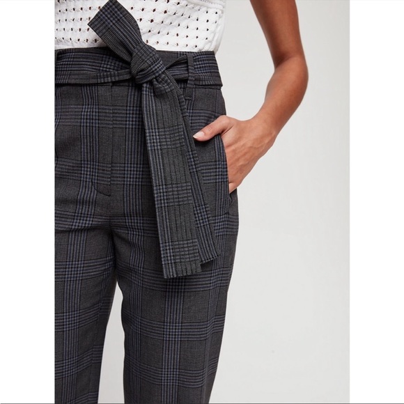 Aritzia Wilfred Navy Grey Tie Front Belt Plaid Trouser Pants - Picture 4 of 4